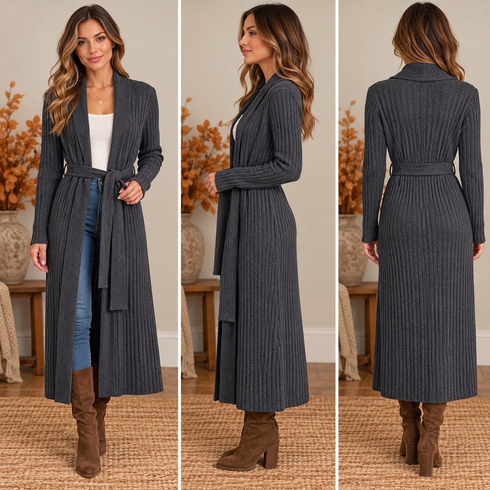Lauren Ralph Lauren Petite Merino Wool Ribbed Knit Belted Maxi Cardigan Gray P/P